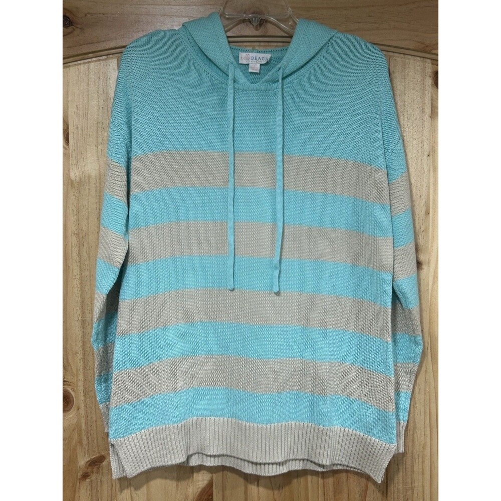 Belle Beach By Kim Gravel Hooded Sweater Striped Light Weight Tan Turquoise S